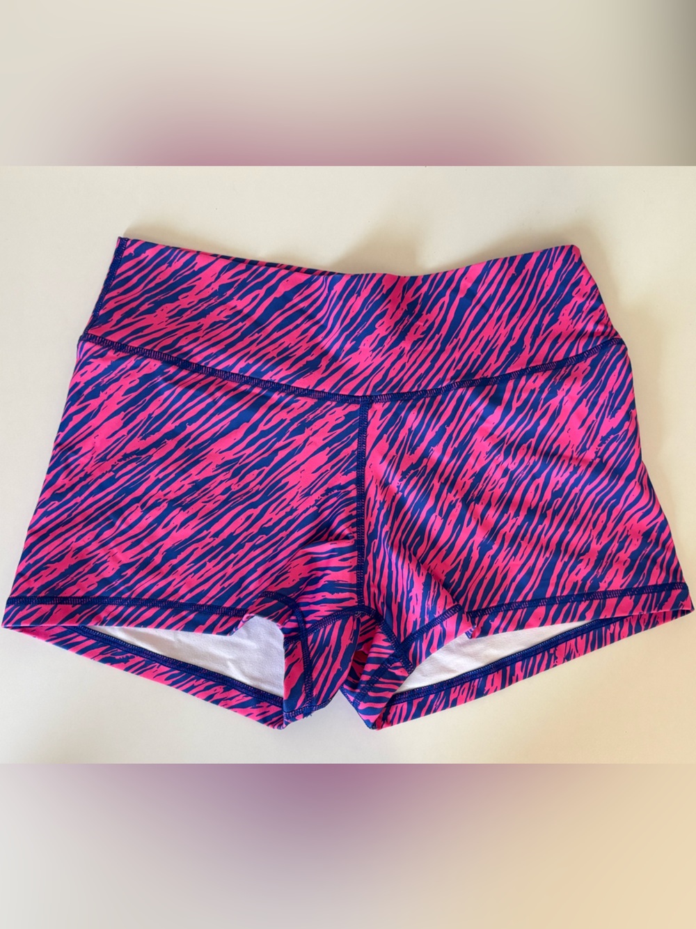 Peachy Athletic Serenity Pink & Blue Tiger Stripe Mid-Rise Shorts 2.5” Inseam